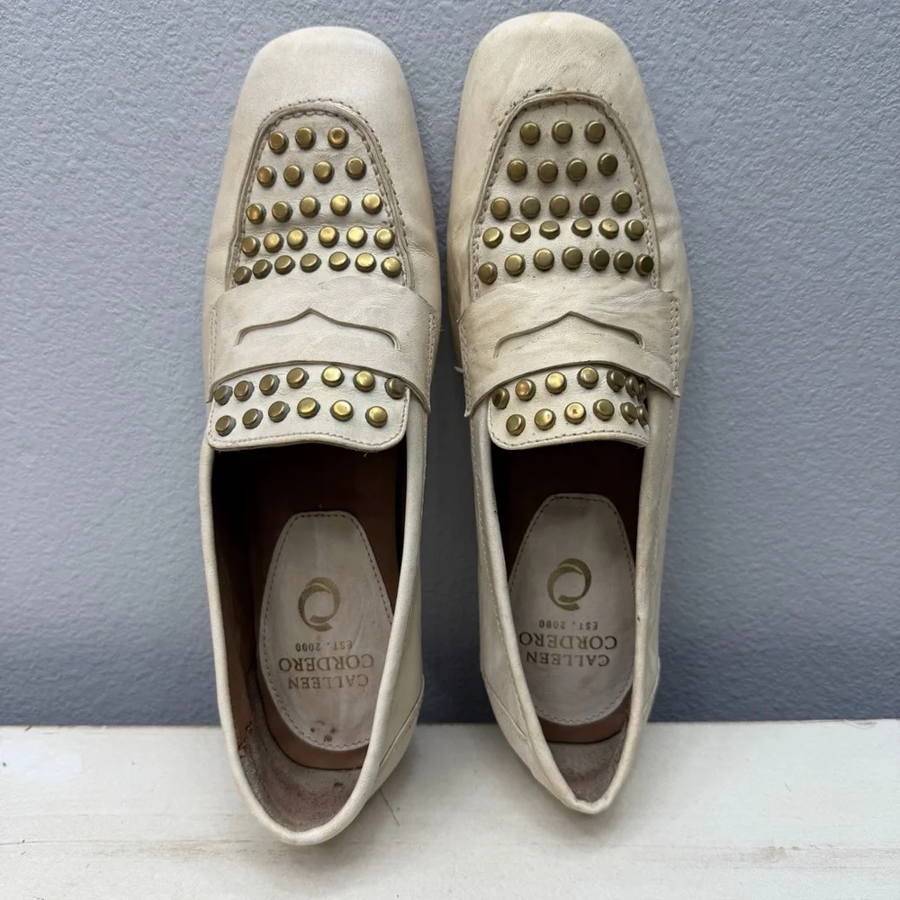 Calleen Cordero White Leather Gold Studded Penny Loafers Size 6